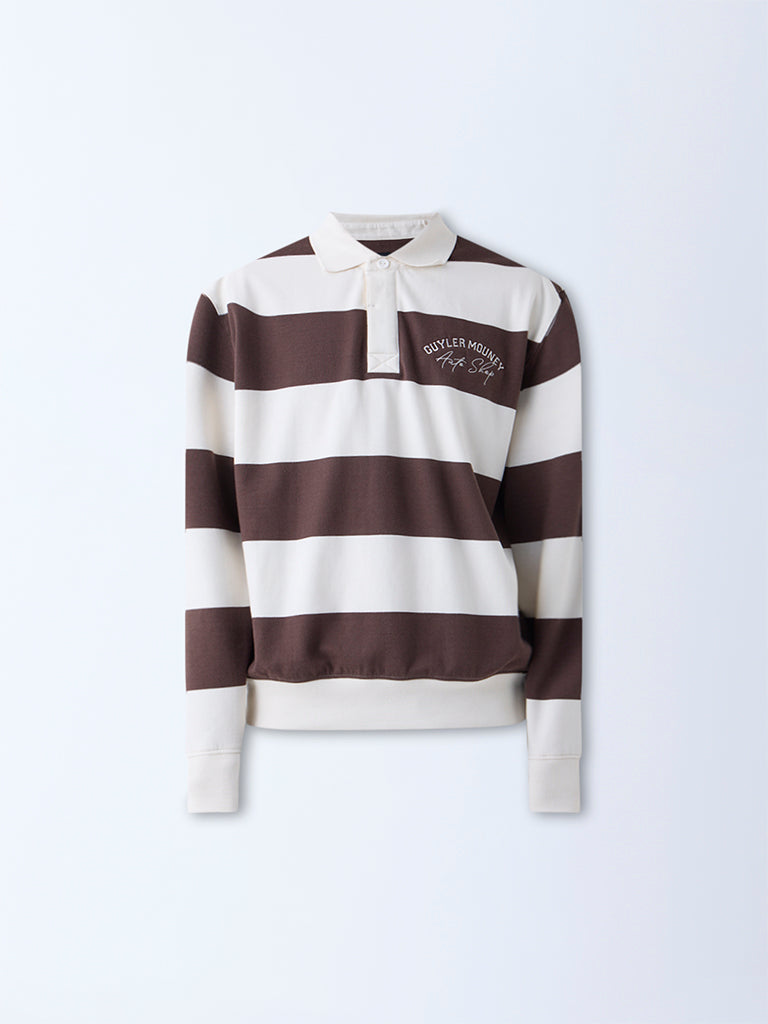 Nuon Dark Brown Striped Relaxed-Fit Polo Sweatshirt
