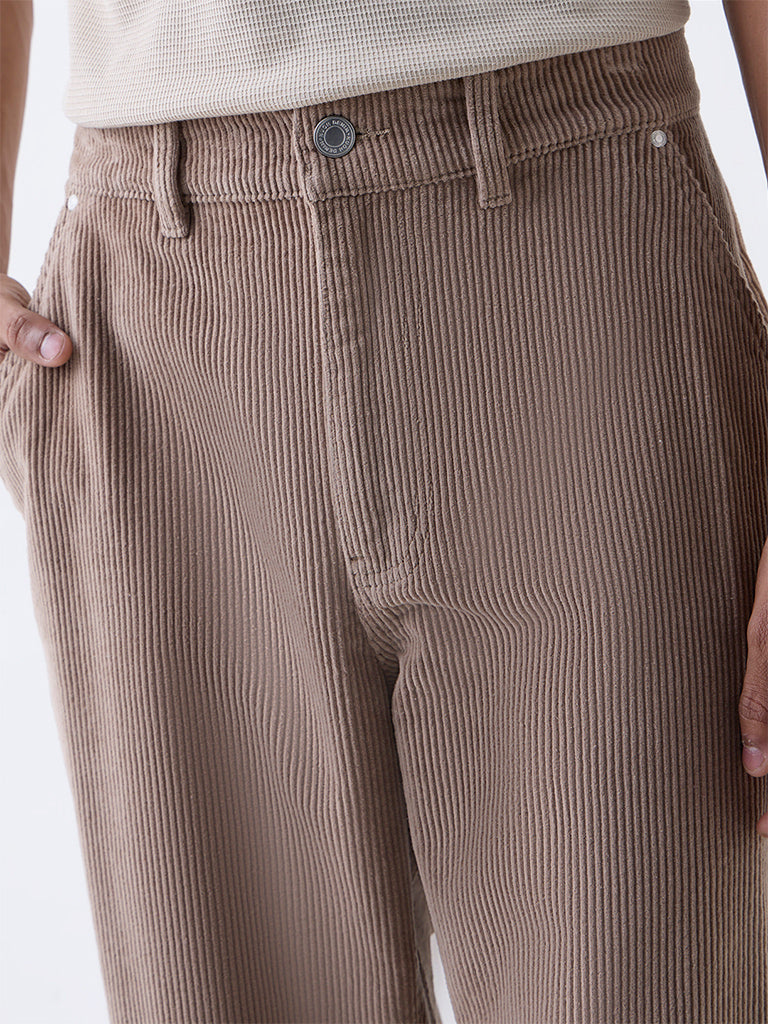 Nuon Light Brown Relaxed-Fit Mid-Rise Corduroy Trousers