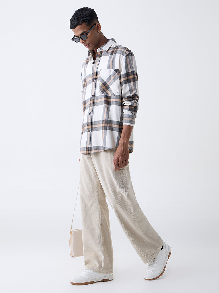 Nuon Beige Checkered Relaxed-Fit Cotton-Blend Shirt