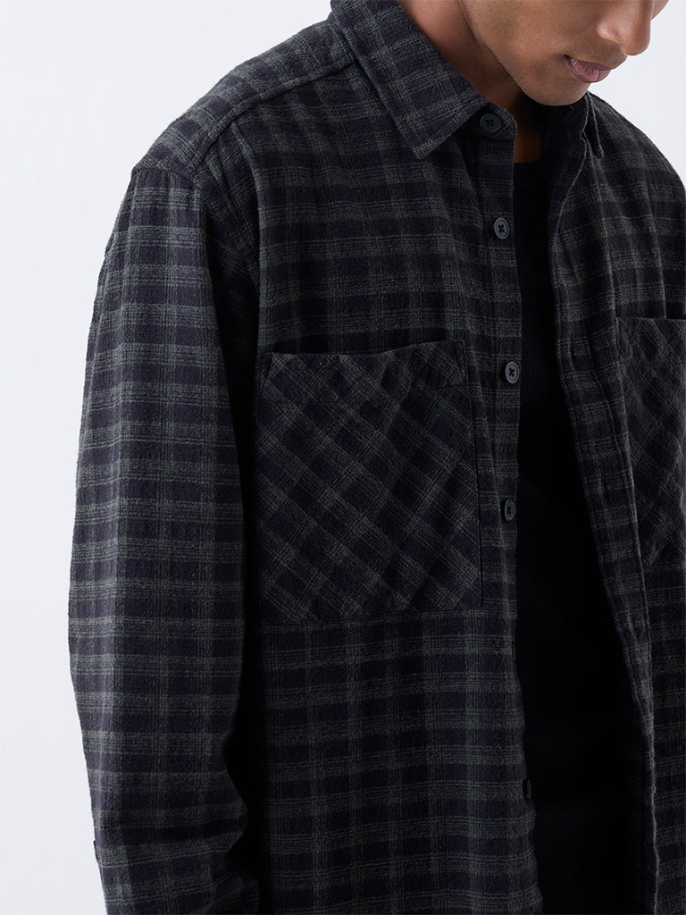 Nuon Black Checks Pattern Relaxed-Fit Cotton Shirt