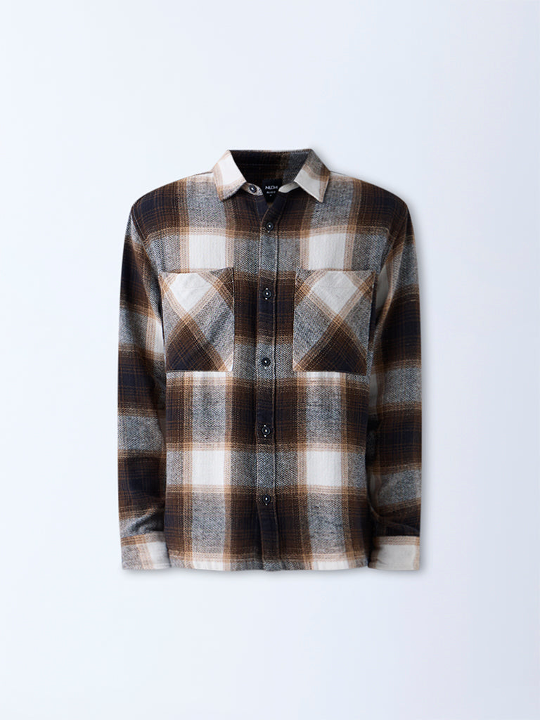 Nuon Brown Checks Design Relaxed-Fit Cotton Shirt