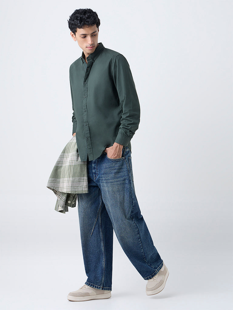 Nuon Olive Solid Slim-Fit Cotton Shirt