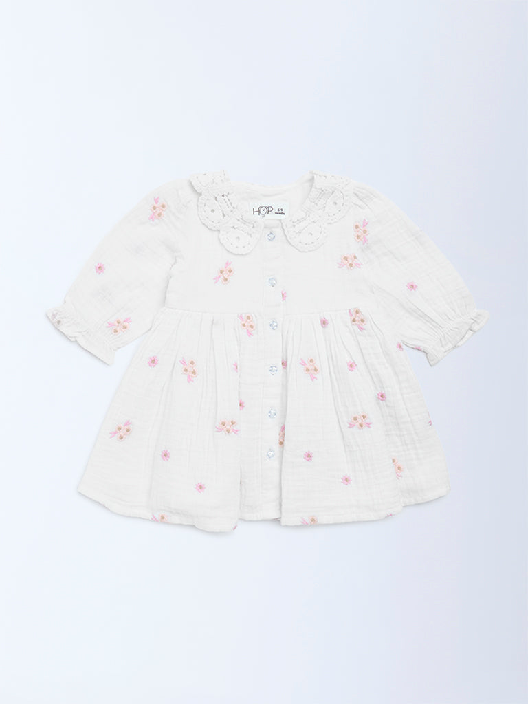 HOP Baby Girls White Floral Embroidered A-Line Cotton Dress