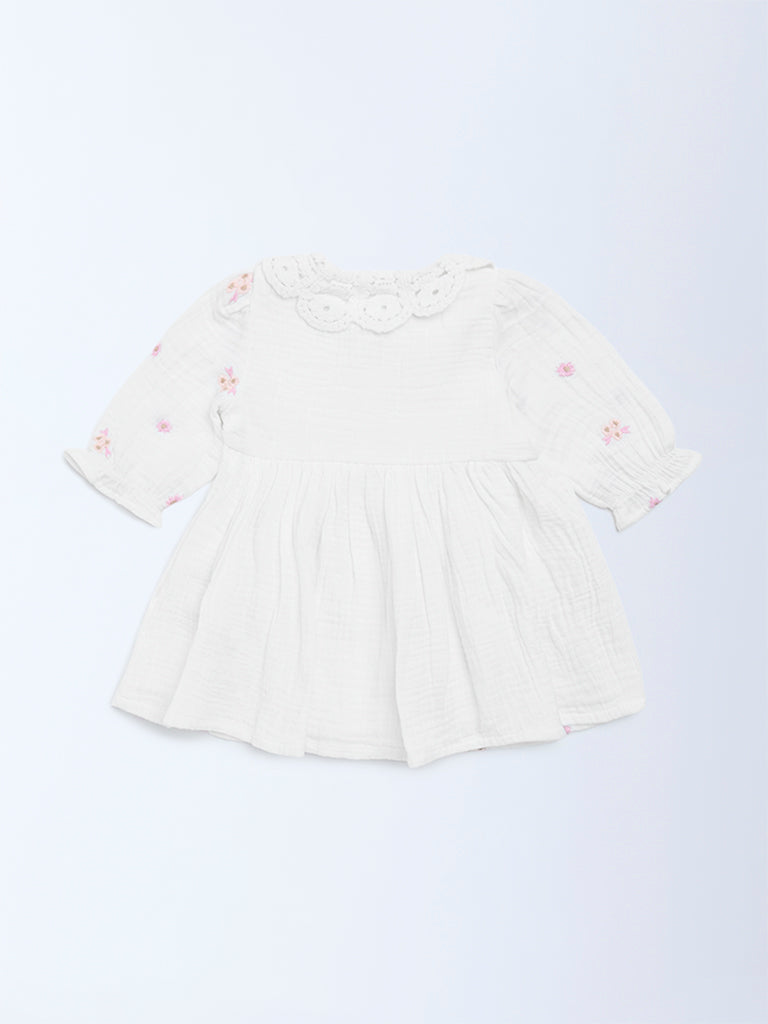 HOP Baby Girls White Floral Embroidered A-Line Cotton Dress