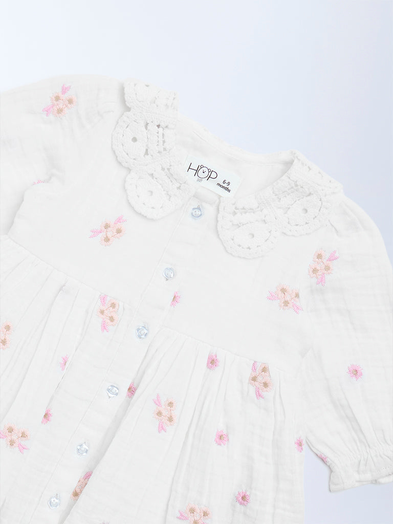 HOP Baby Girls White Floral Embroidered A-Line Cotton Dress