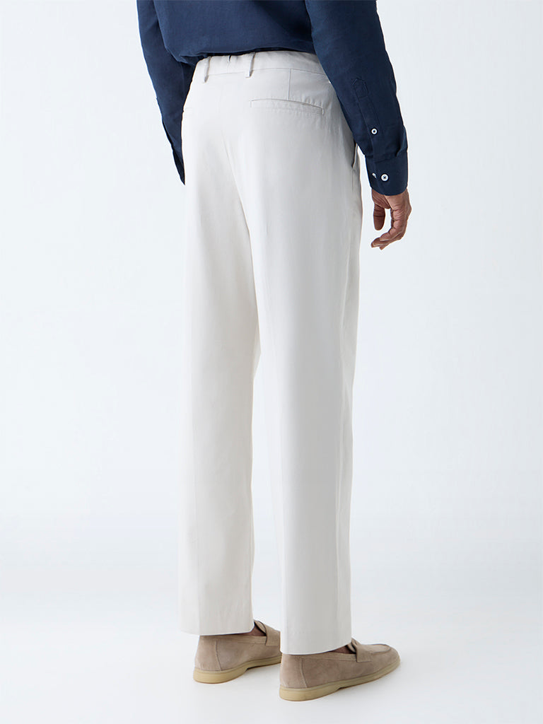 Westside Ascot Men's Beige Relaxed-Fit Mid-Rise Cotton-Blend Trousers for Casual Wear Back View