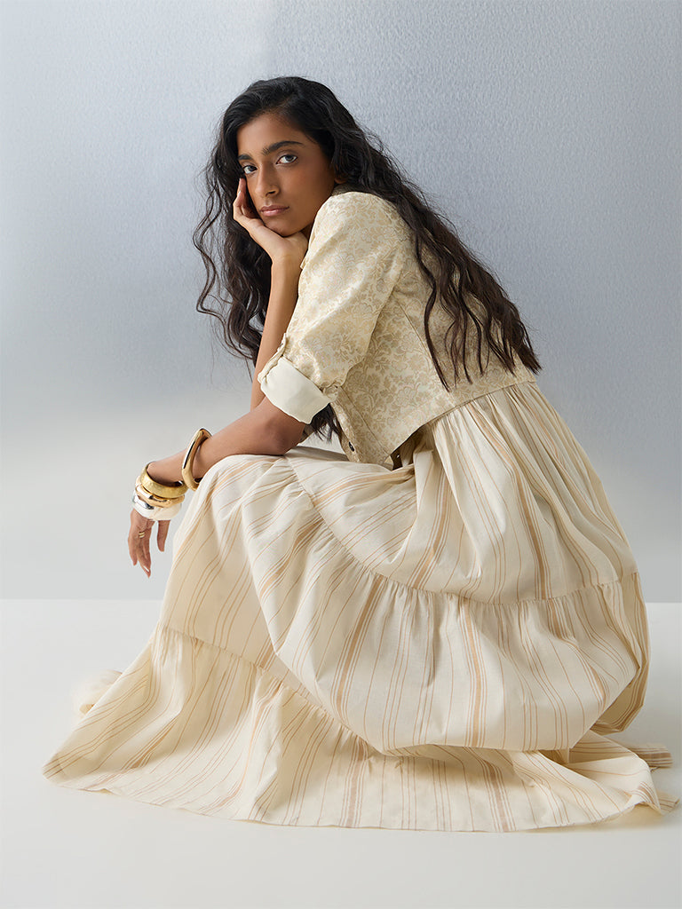 Bombay Paisley Off-White Striped Cotton Tiered Dress with Jacket