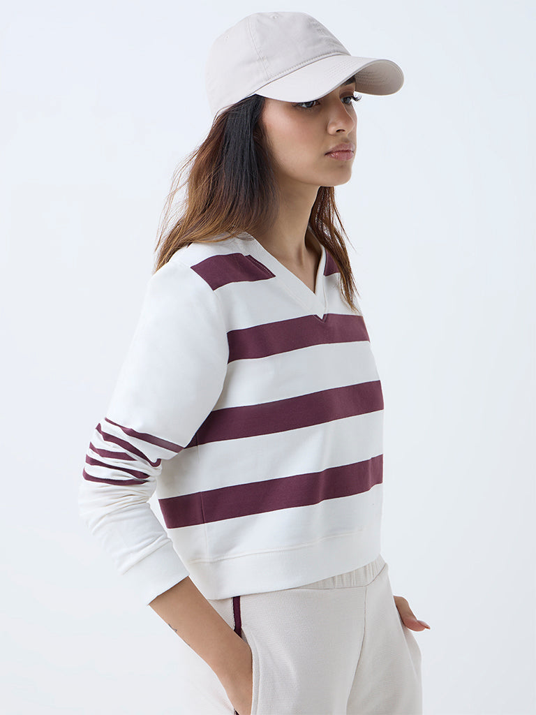 Westside Studiofit Women's Cream Striped Cotton-Blend T-Shirt for Sports Wear Front view