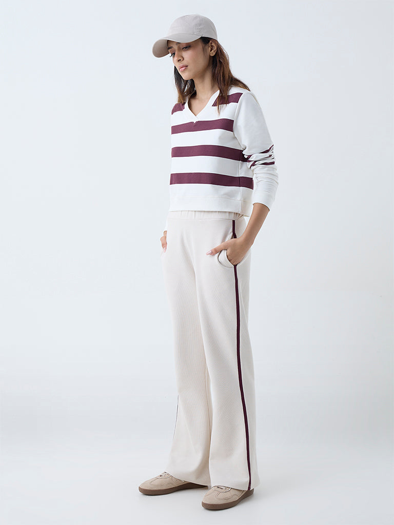Westside Studiofit Women's Cream Striped Cotton-Blend T-Shirt for Sports Wear Full View