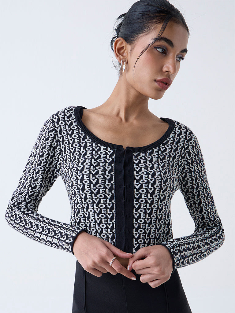 Nuon Black Typographic Knitted Cardigan