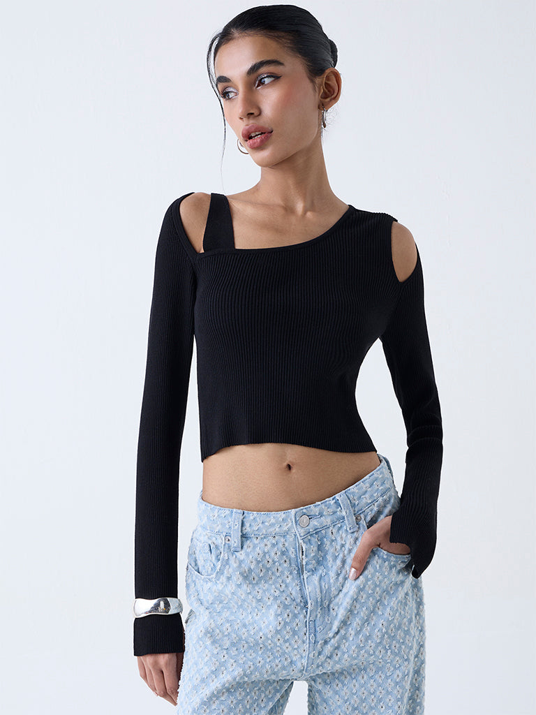 Nuon Black Ribbed-Textured Top