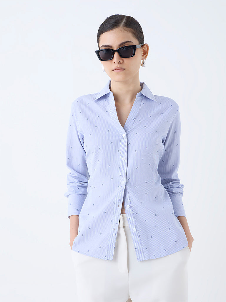 Westside Wardrobe Women's Blue Stripe Shirt for Work Wear Front view