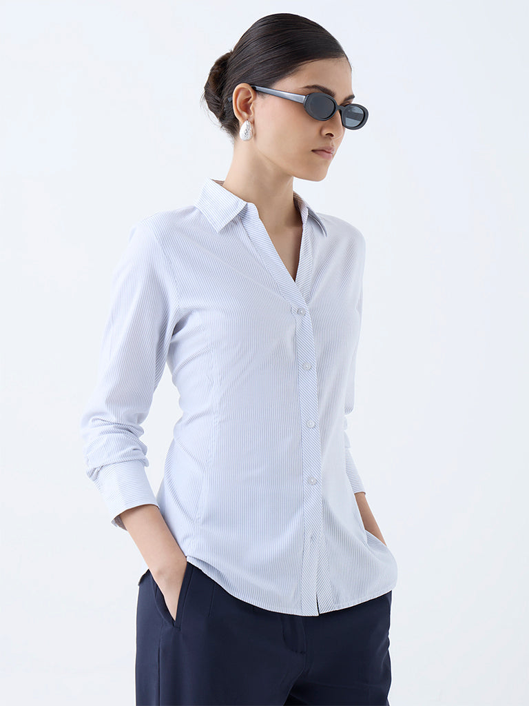 Westside Wardrobe Women's White Pinstriped Shirt for Work Wear Front view