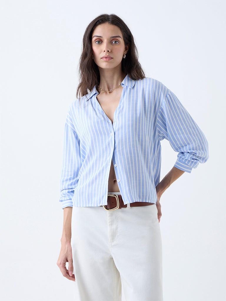 Westside LOV Women's Blue Stripes Shirt for Casual Wear Front view