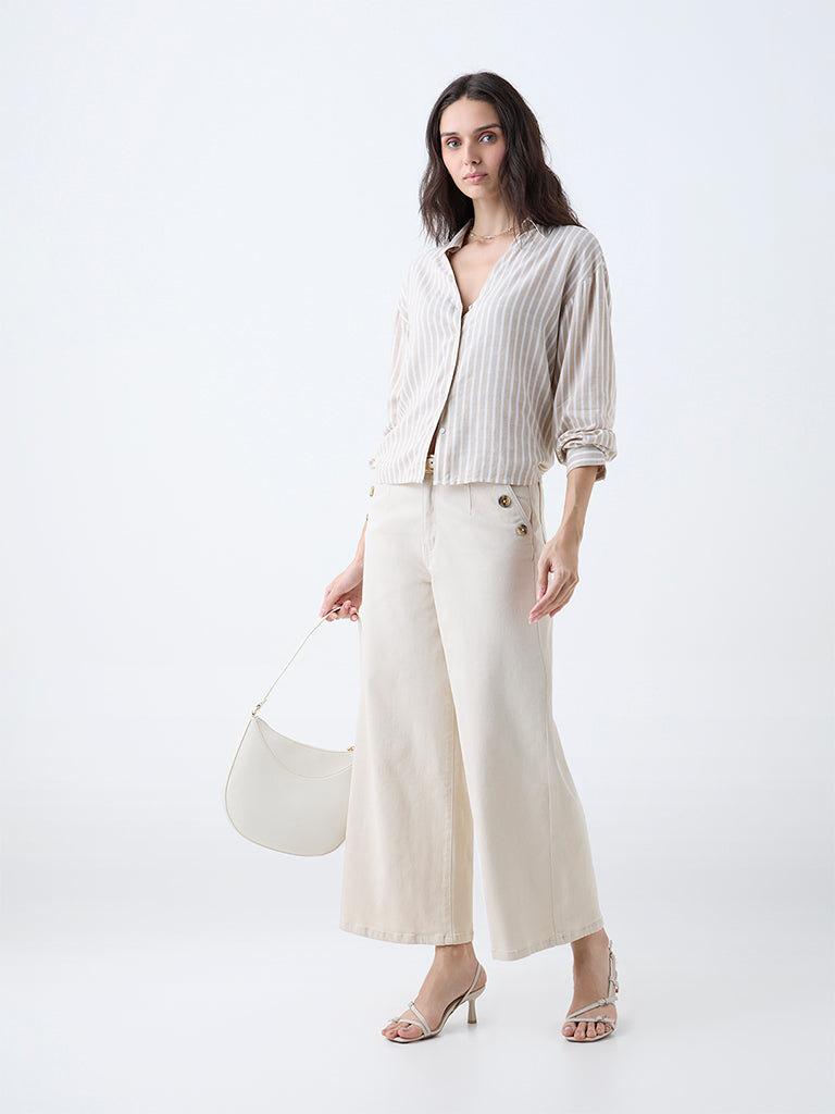 Westside LOV Women's Beige Stripes Shirt for Casual Wear Full View