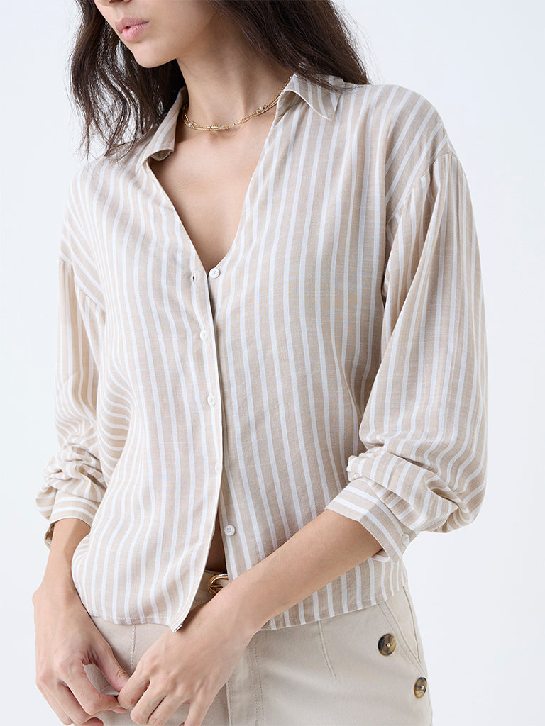 Westside LOV Women's Beige Stripes Shirt for Casual Wear Zoomed View