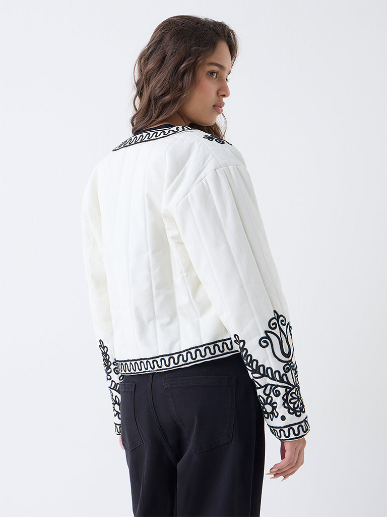 LOV Cream Embroidered Cotton Quilted Jacket