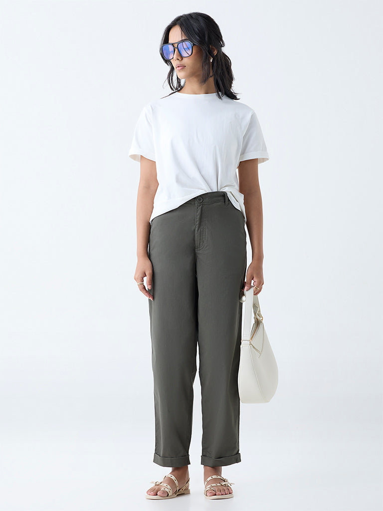 Westside LOV Women's Olive High-Rise Cotton-Blend Trousers for Casual Wear Full View