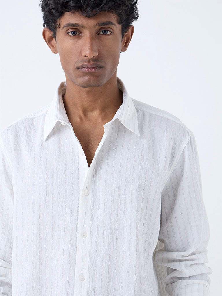 Ascot White Striped Relaxed-Fit Cotton Shirt