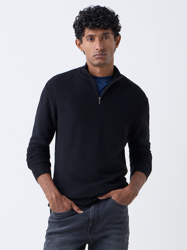 WES Formals Black Knit-Textured Slim-Fit Quarter-Zip Sweater