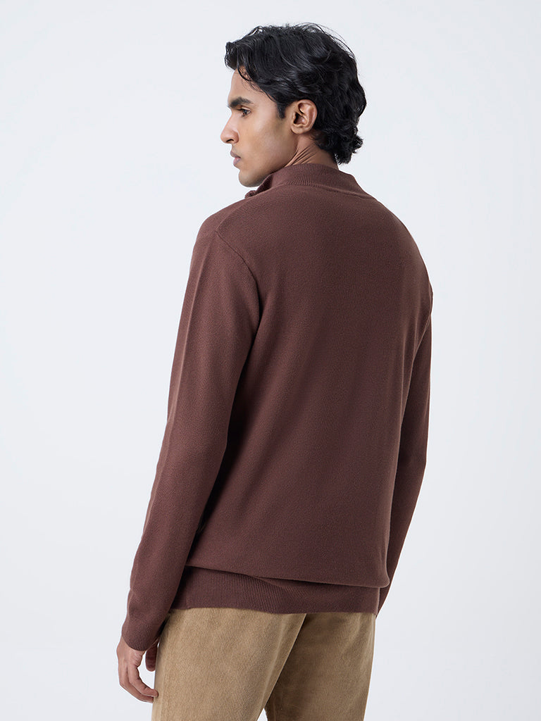 WES Formals Brown Knit-Textured Slim-Fit Quarter-Zip Sweater