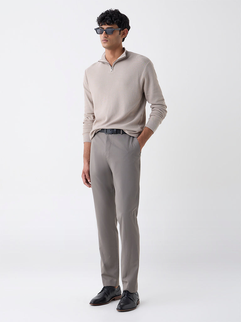 WES Formals Taupe Knitted Slim-Fit Quarter-Zip Sweater
