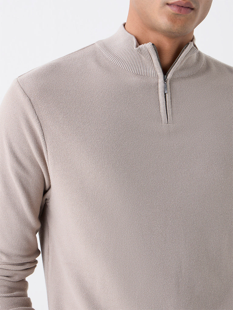 WES Formals Taupe Knitted Slim-Fit Quarter-Zip Sweater