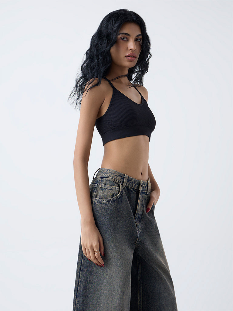 Superstar Black Waffle-Textured Padded Bra