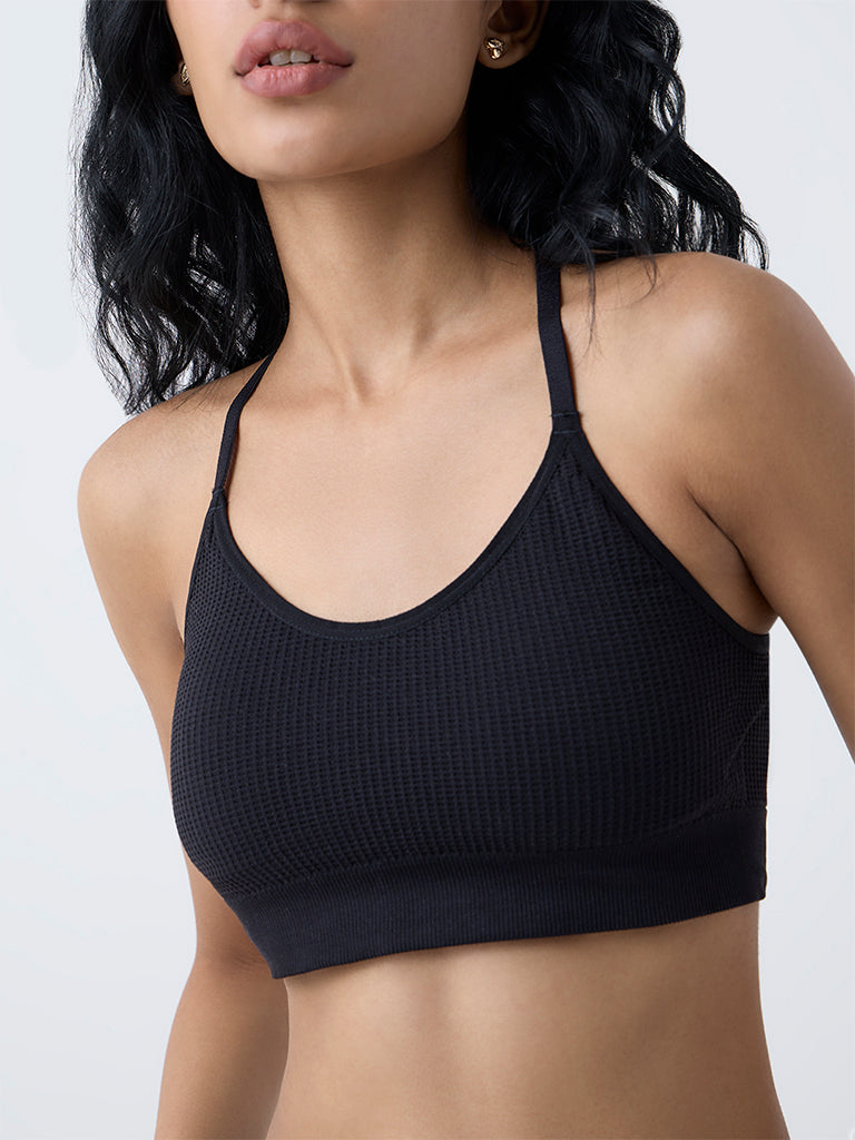 Superstar Black Waffle-Textured Padded Bra
