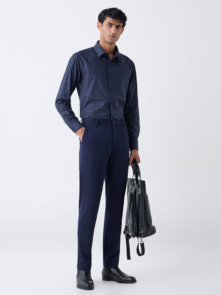 WES Formals Navy Checks Pattern Relaxed-Fit Cotton Shirt