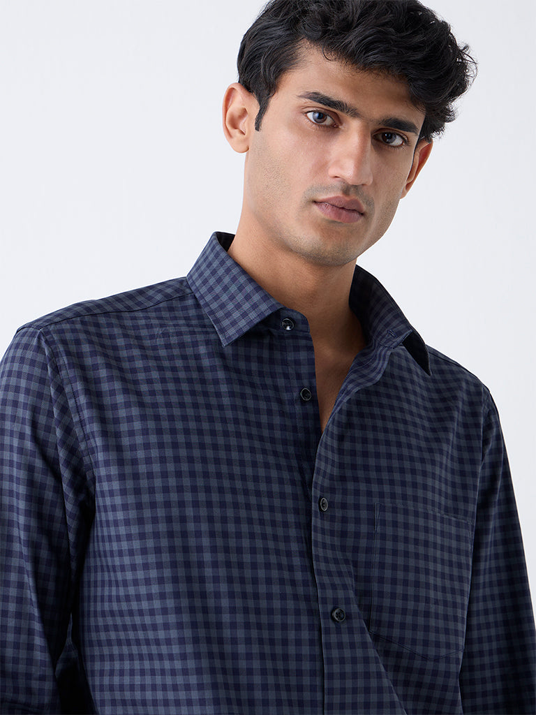 WES Formals Navy Checks Pattern Relaxed-Fit Cotton Shirt