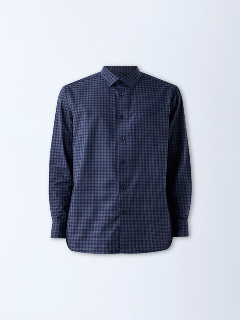 WES Formals Navy Checks Pattern Relaxed-Fit Cotton Shirt