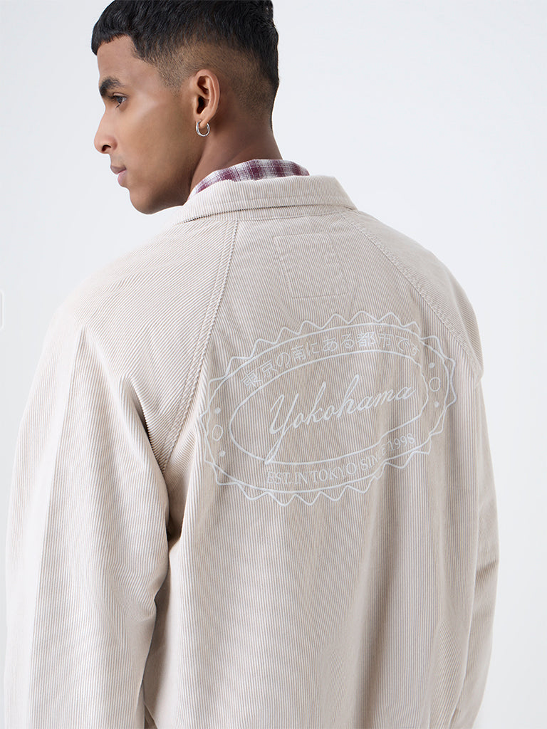 Nuon Beige Typographic Relaxed-Fit Corduroy Jacket