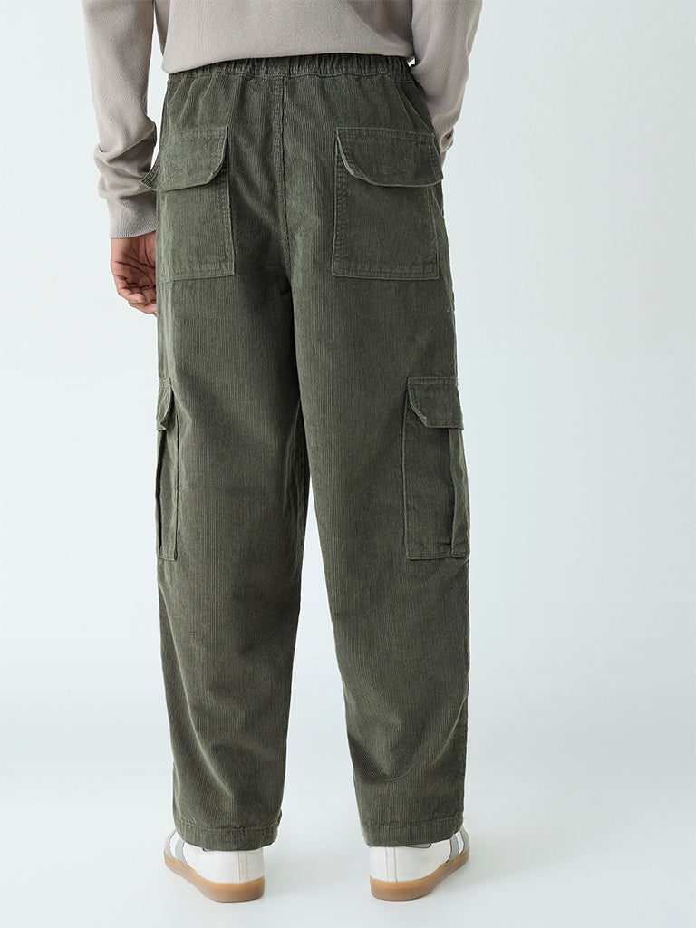 Nuon Olive Cargo-Style Relaxed-Fit Mid-Rise Corduroy Pants