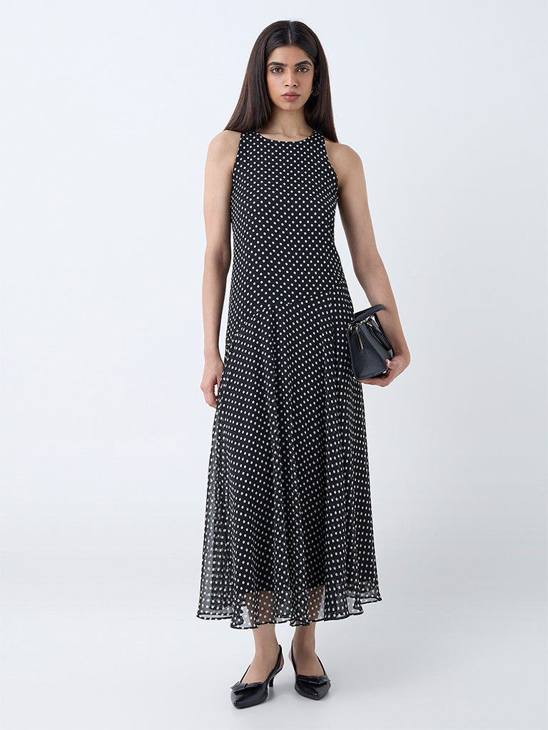 Westside Wardrobe Women's Black Polka Dotted Drop-Waist Dress for Work Wear Front view