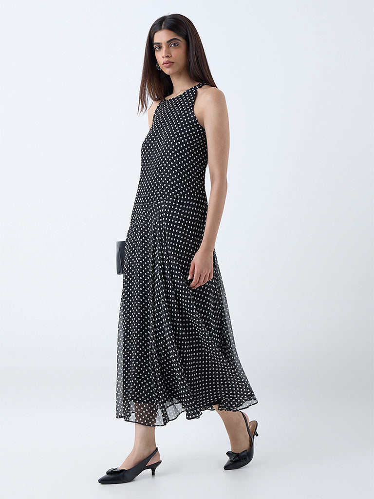 Westside Wardrobe Women's Black Polka Dotted Drop-Waist Dress for Work Wear Full View