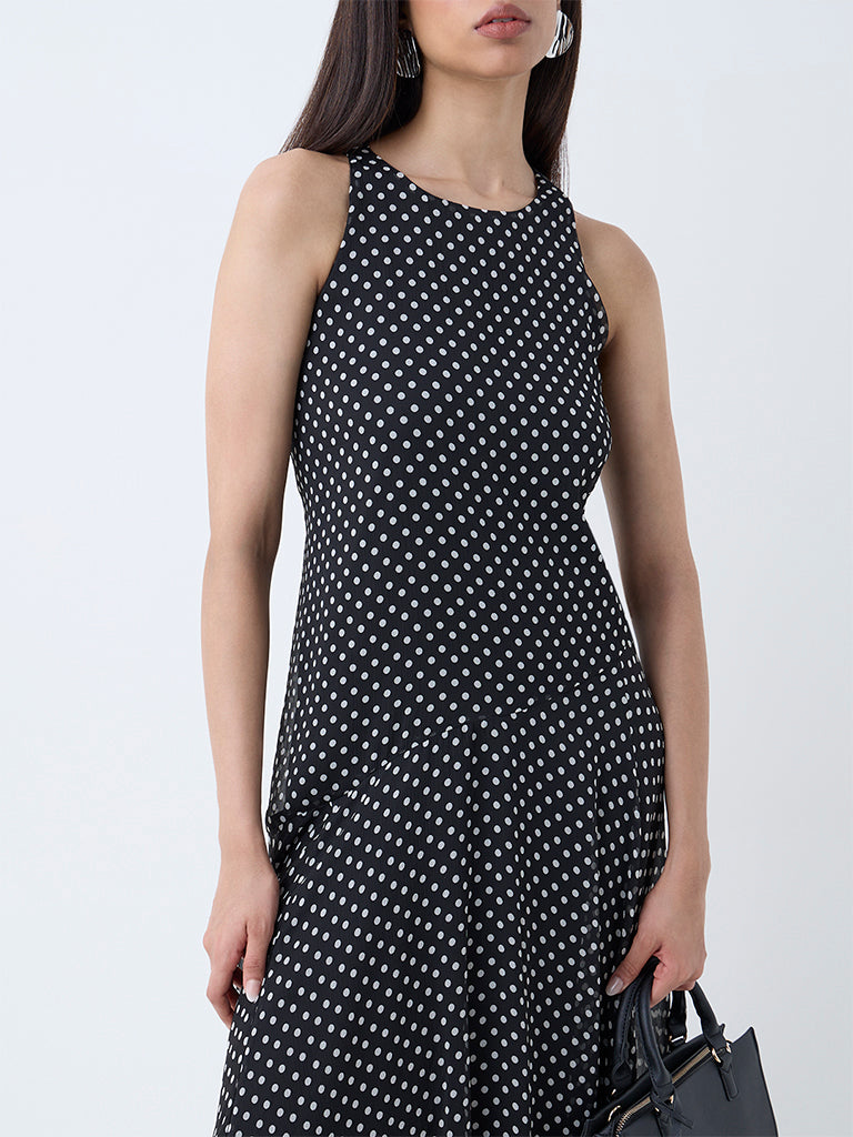 Westside Wardrobe Women's Black Polka Dotted Drop-Waist Dress for Work Wear Zoomed View