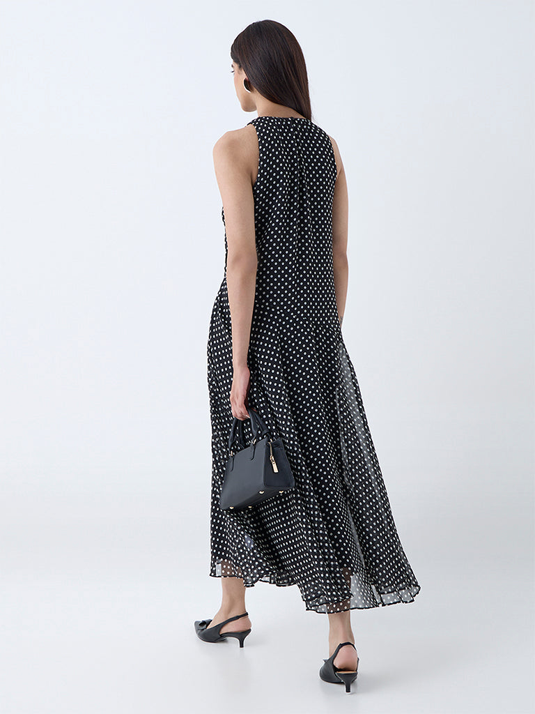 Westside Wardrobe Women's Black Polka Dotted Drop-Waist Dress for Work Wear Back View