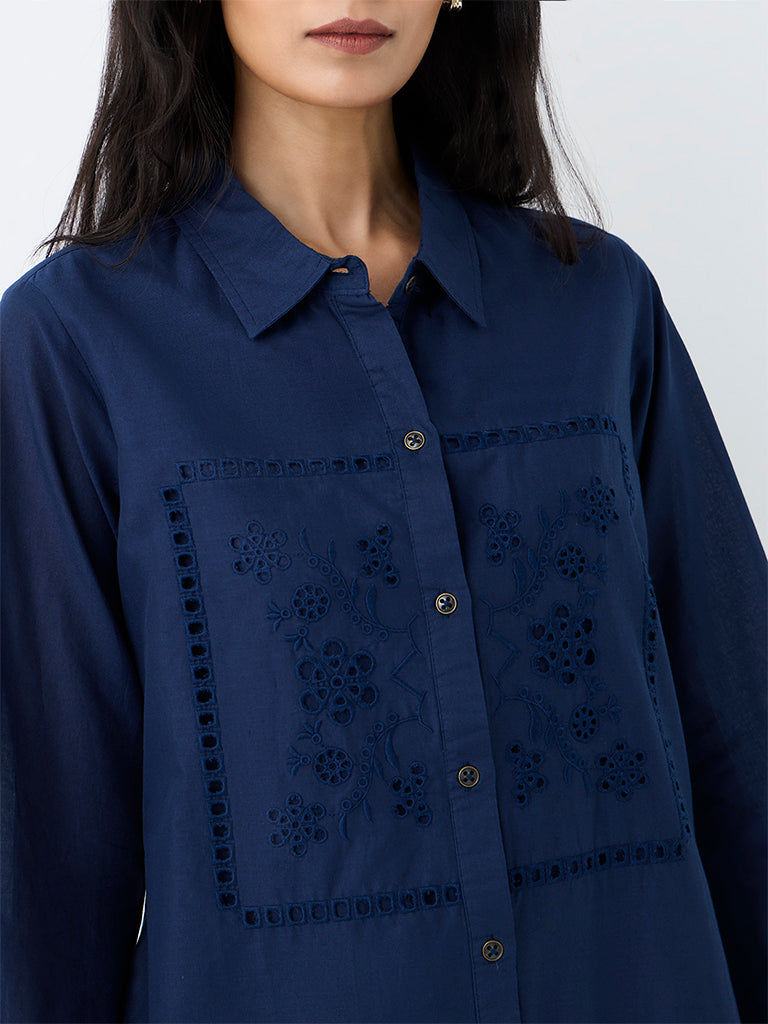 Utsa Indigo Floral Embroidered Cotton Tunic