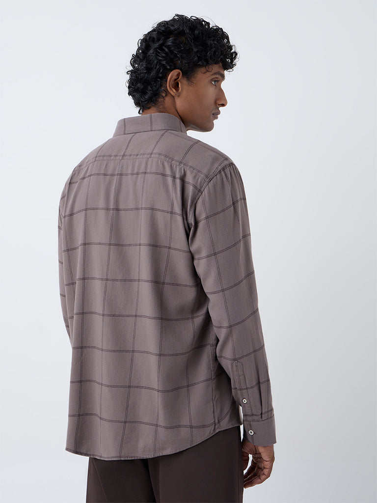 Ascot Taupe Checkered Pattern Relaxed-Fit Cotton Shirt