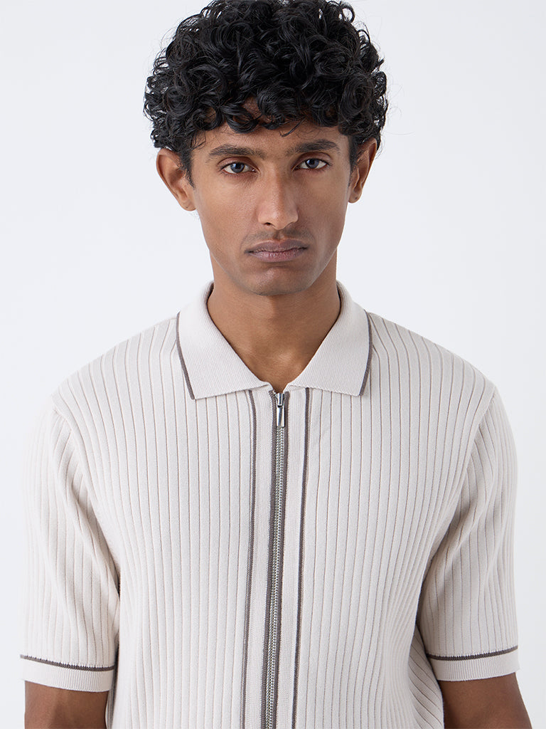 Ascot Beige Self-Stripe Relaxed-Fit Cotton-Blend T-Shirt
