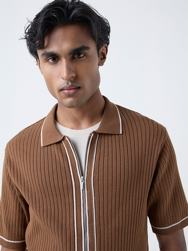 Ascot Tan Self-Striped Relaxed-Fit Cotton-Blend T-Shirt