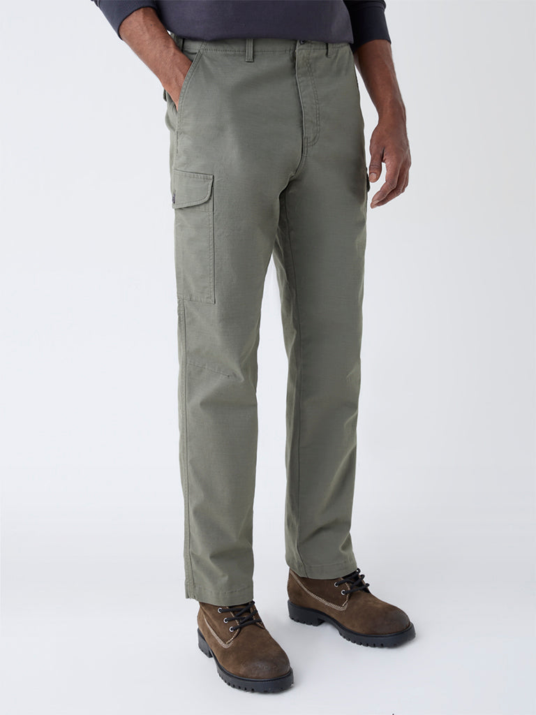 WES Casuals Olive Relaxed-Fit Cotton Trousers