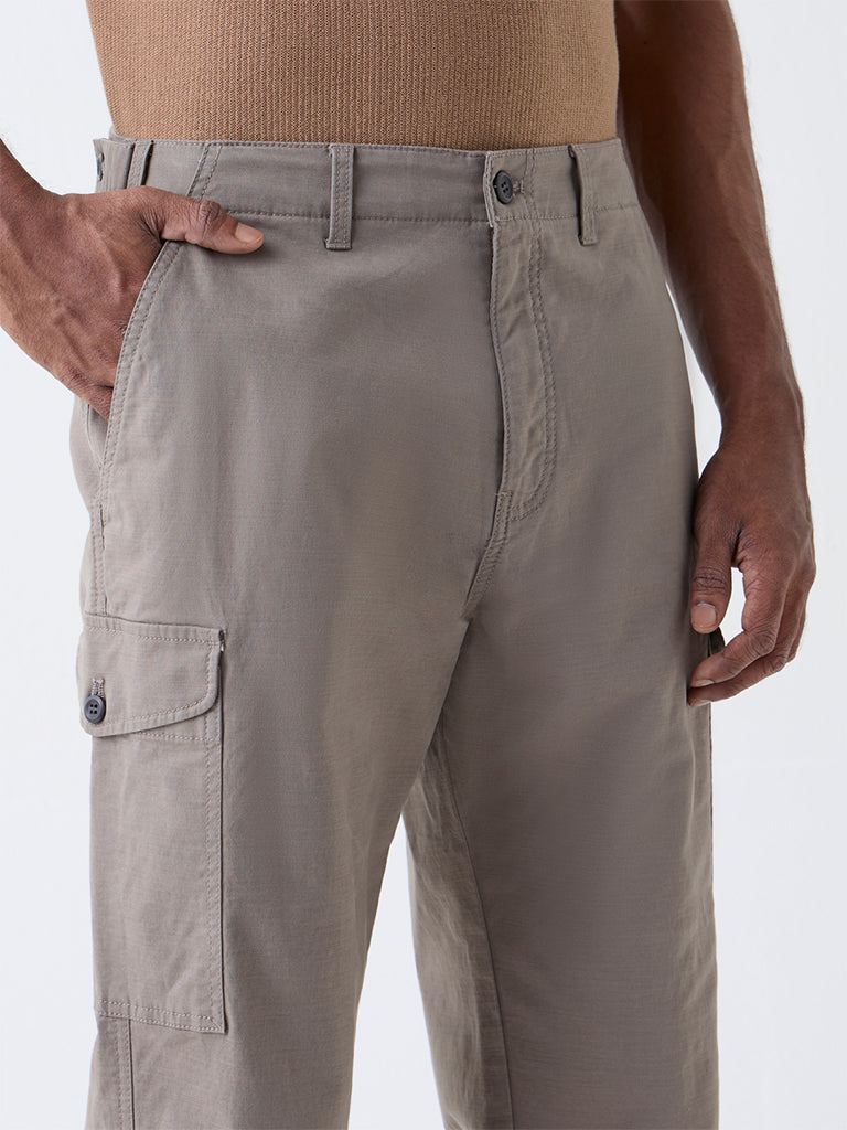 WES Casuals Taupe Relaxed-Fit Cotton Trousers
