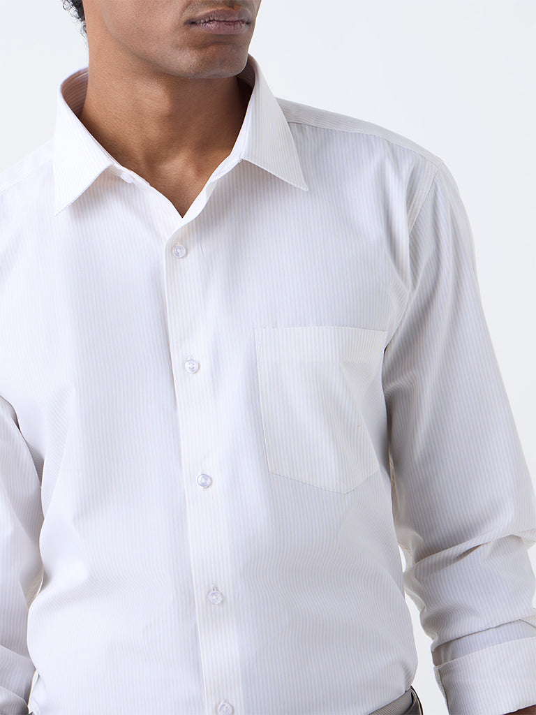 WES Formals Beige Striped Slim-Fit Cotton Shirt