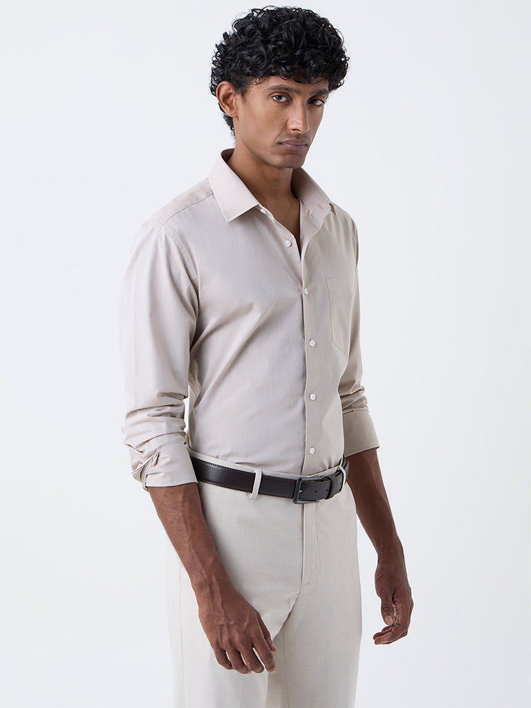 WES Formals Beige Solid Slim-Fit Cotton Shirt