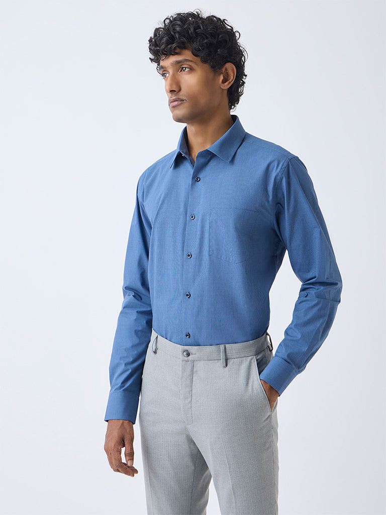 WES Formals Blue Slim-Fit Cotton Shirt