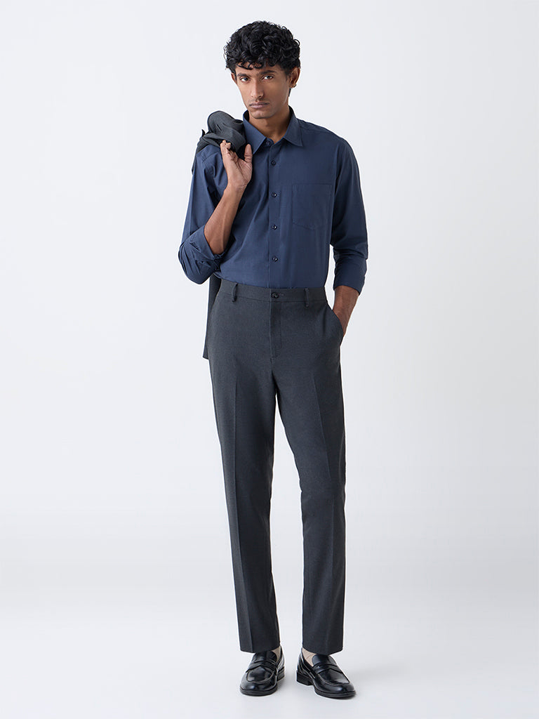 WES Formals Navy Solid Slim-Fit Cotton Shirt