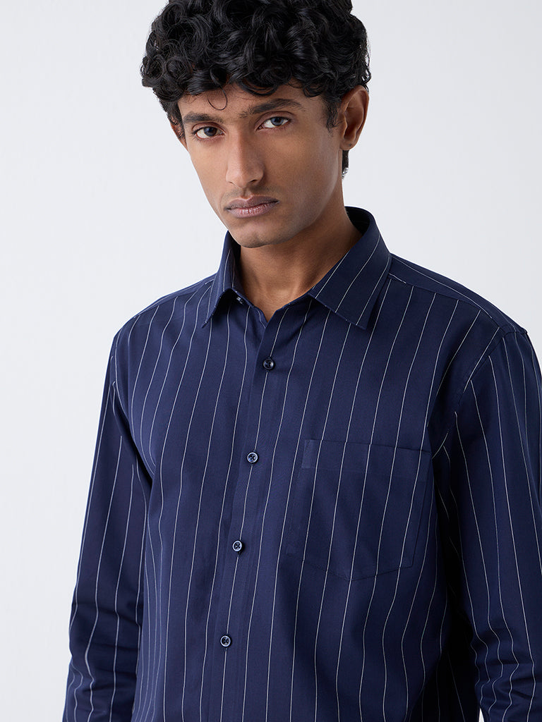 WES Formals Navy Pinstriped Slim-Fit Cotton Shirt