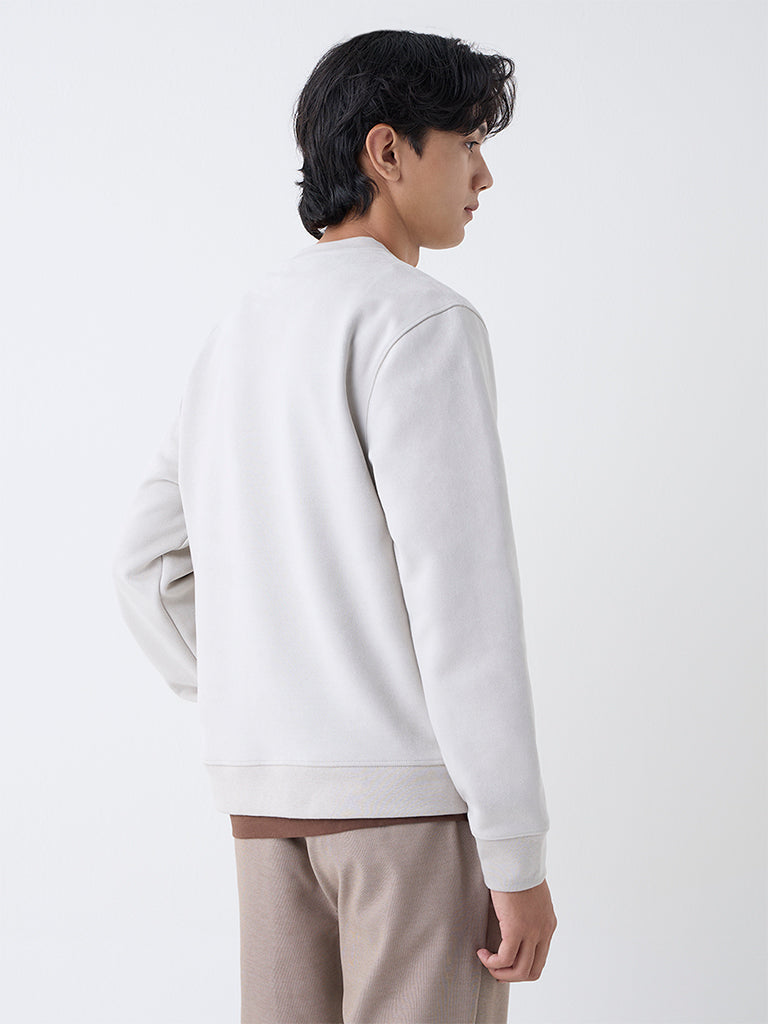 Studiofit Beige Solid Relaxed-Fit Suede Sweatshirt